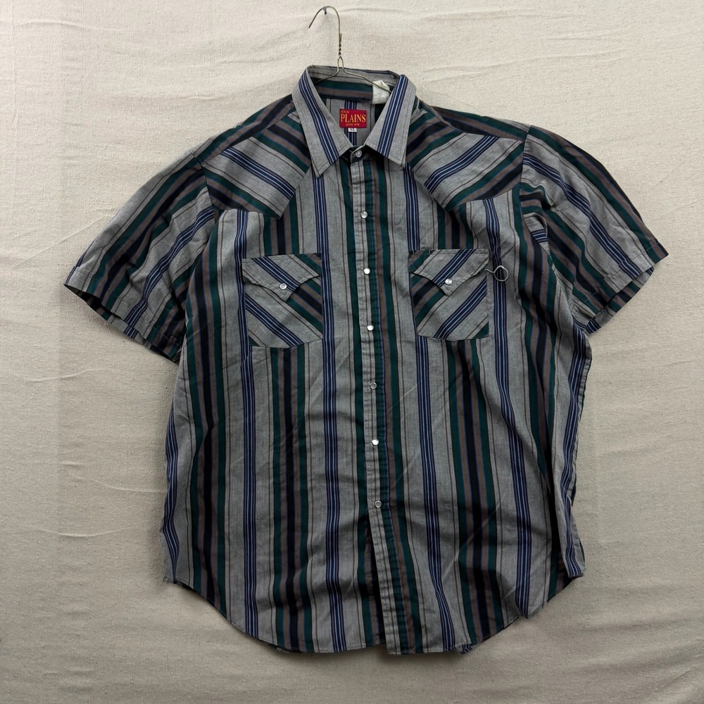 Ely Plains Western Snap Shirt Mens XL Grey Blue Striped Pearl Snap Short Sleeve